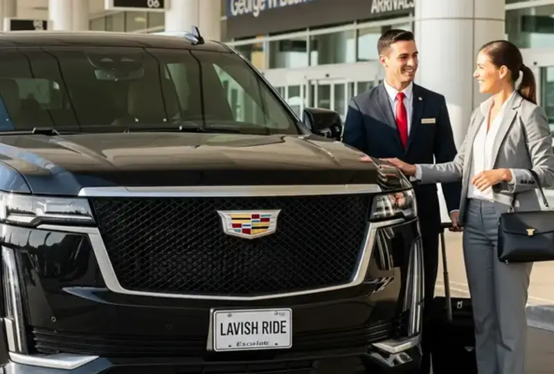 A uniformed chauffeur assists an elegantly dressed woman beside a luxury Cadillac Escalade ESV with a Lavish Ride license plate at IAH Airport, symbolizing shuttle service from IAH to the Galveston cruise port.